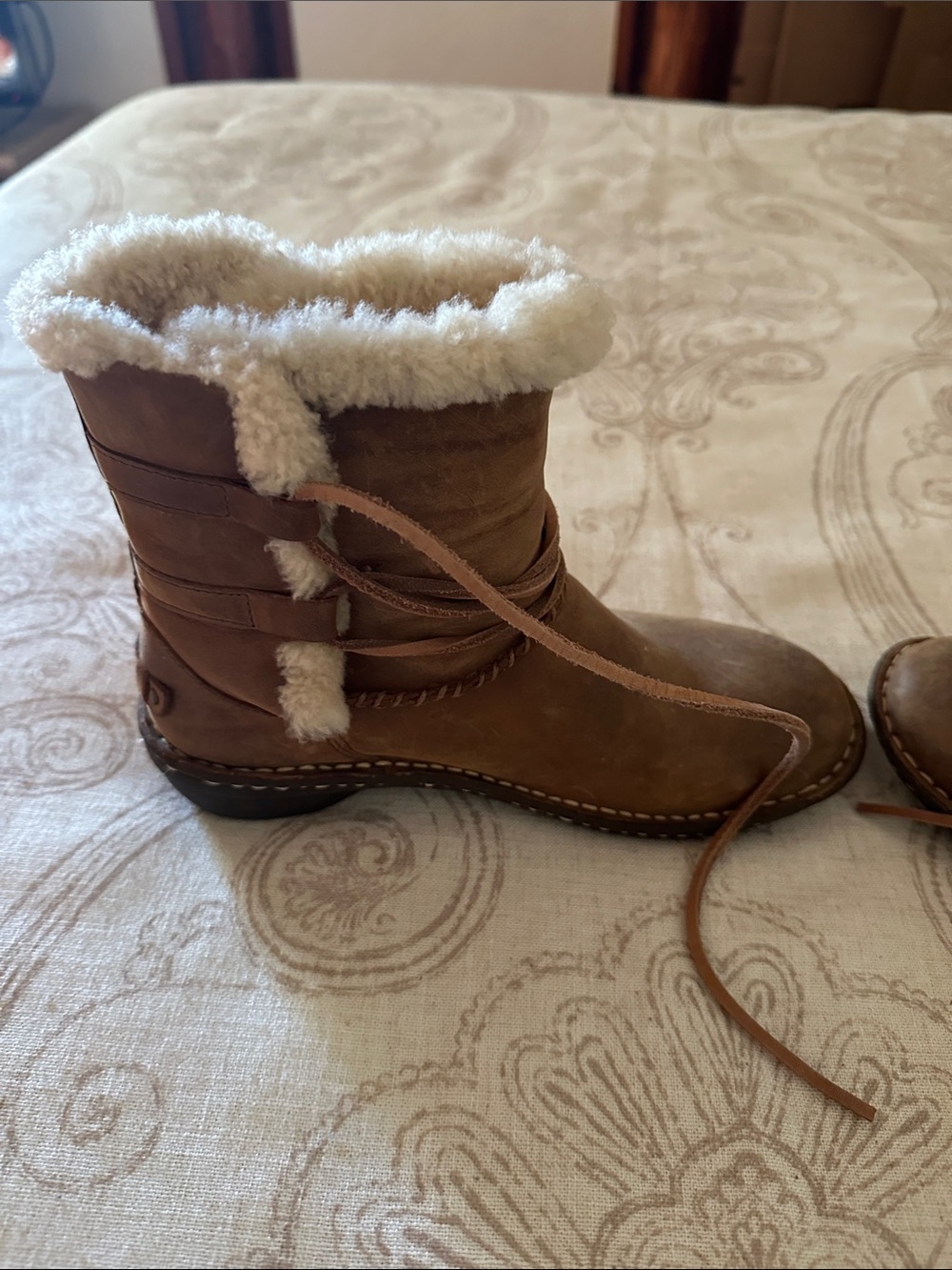 UGG Chestnut Brown Shearling-Trim Lace-Up Boots